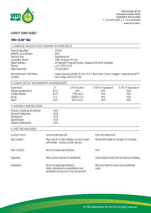 XLR8 Bio Safety Data Sheet
